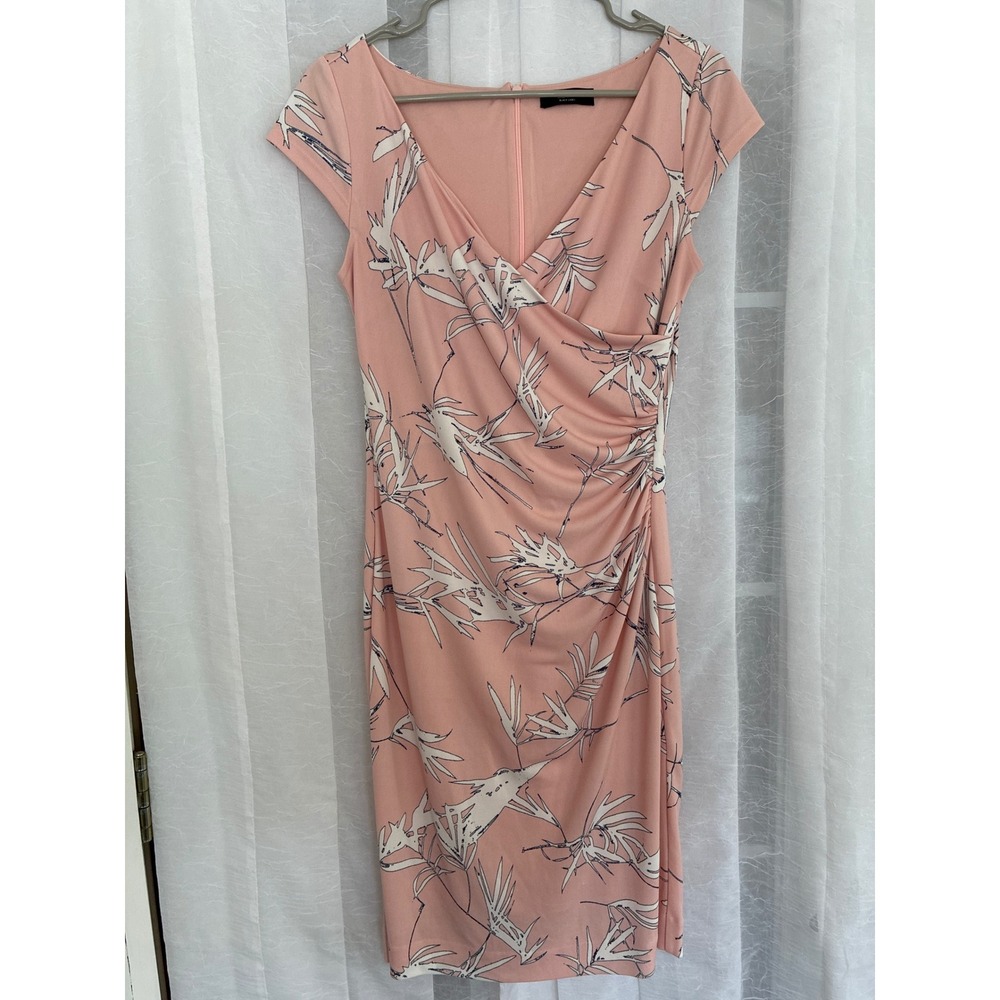 s.Oliver Black Label Pink Botanical Faux Wrap Sheath‎ Dress US 8 Ruched V-Neck